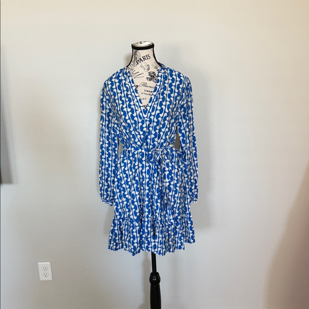 Zara Blue and White Patterned Mini Dress